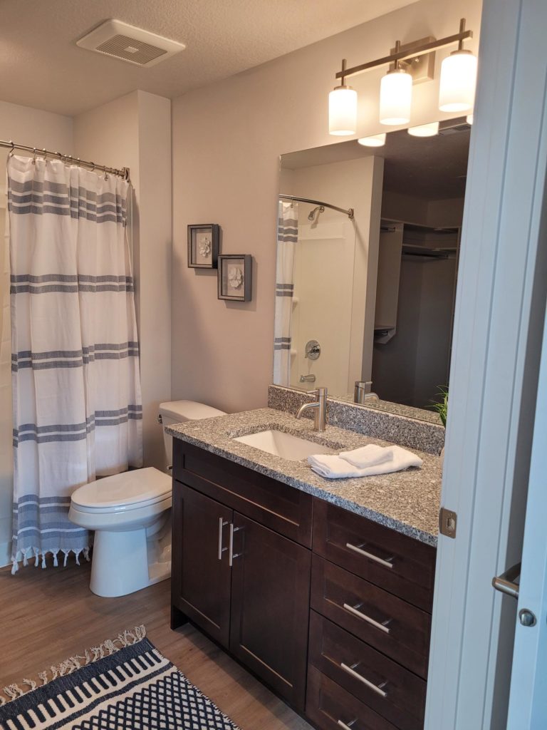 Mill Creek apartment master bathroom with granite sink.