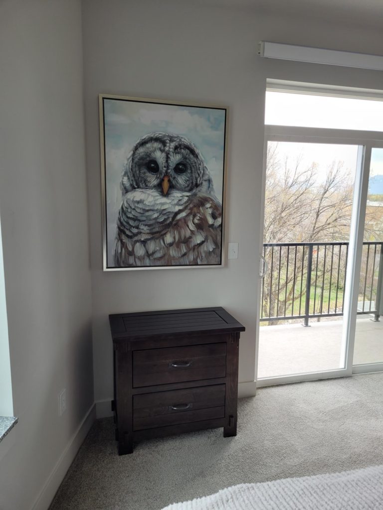 Mill Creek apartment bedroom with a owl picture.